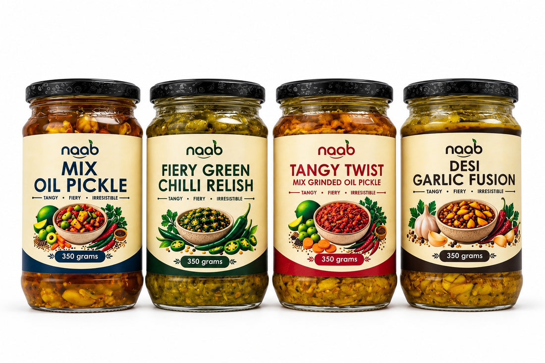 Naab Organic Premium Pickle Collection – 4 Flavors × 350g | Mix Oil, Fiery Green Chilli, Tangy Twist & Desi Garlic