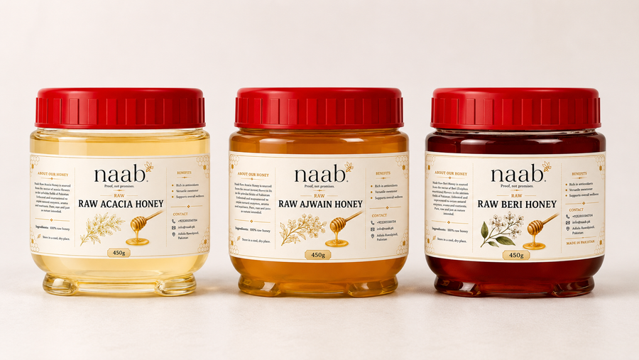Naab Honey Tasting Trio | Acacia, Ajwain & Beri Honey 450g Pack