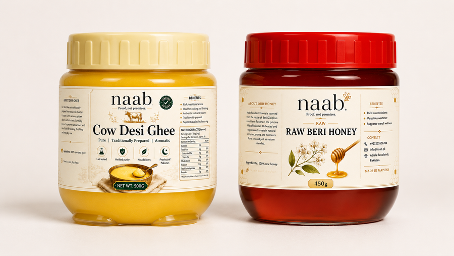Naab Essentials Bundle | Raw Beri Honey 450g + Cow Desi Ghee 500g