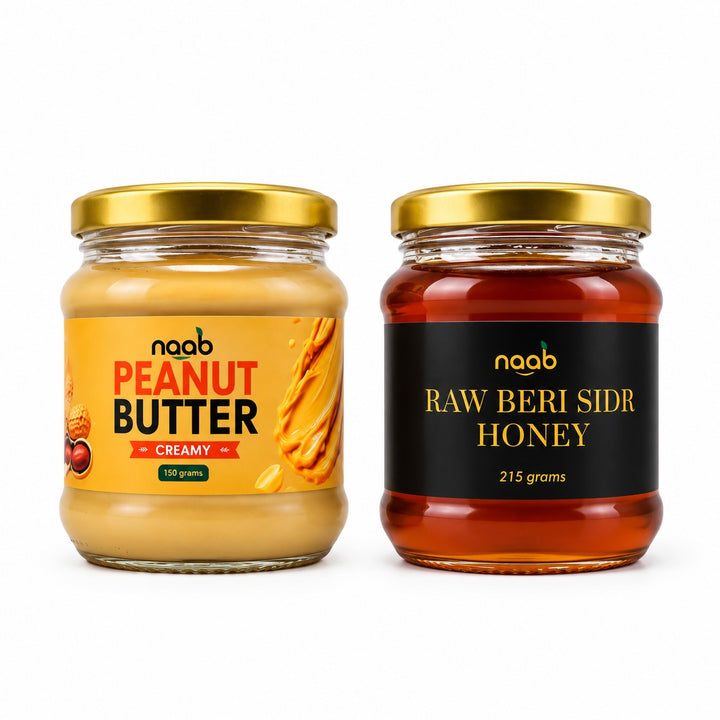 Naab Organic Peanut Butter 150g & Raw Beri Sidir Honey 215g – Pure Taste, Naturally Delicious Combo