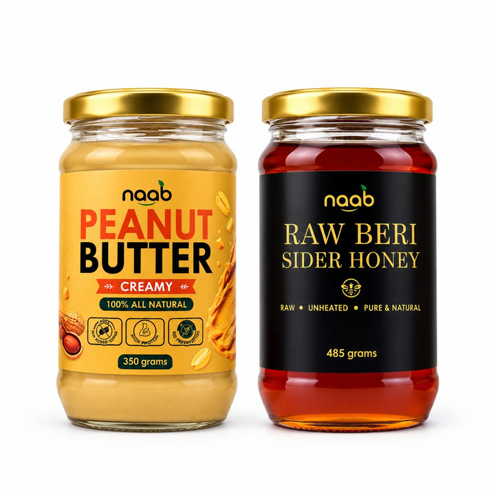 Naab Organic Creamy Peanut Butter 350g & Raw Beri Sidir Honey 485g – Premium Natural Duo