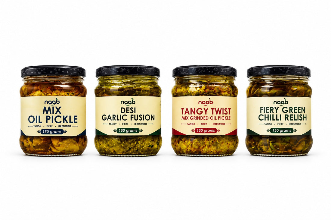 Naab Organic Pickle Collection – Mix Oil, Desi Garlic, Tangy Twist & Fiery Green Chilli Relish | 4 × 150g