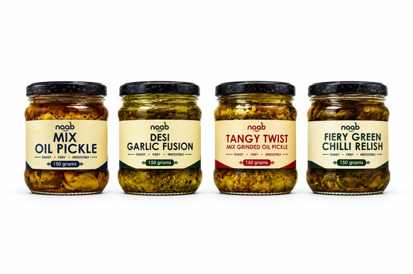 Naab Organic Pickle Collection – Mix Oil, Desi Garlic, Tangy Twist & Fiery Green Chilli Relish | 4 × 150g