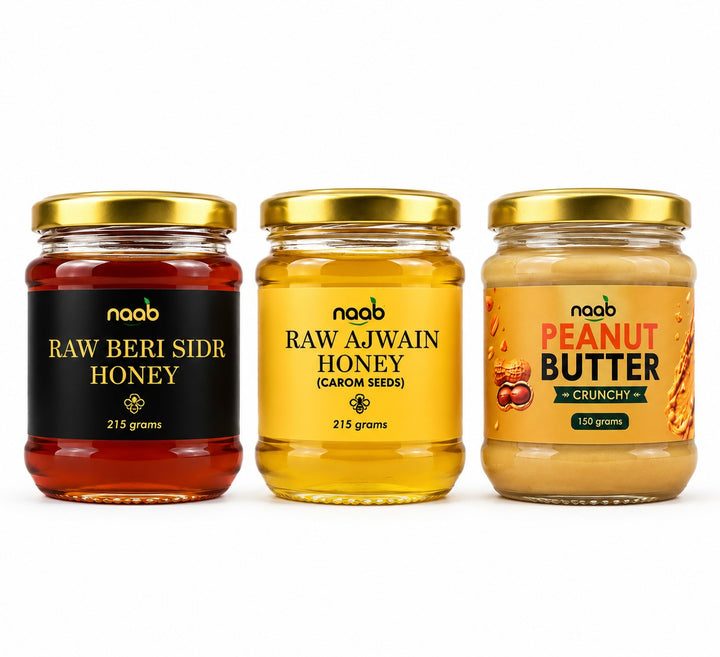 Naab Organic Honey & Crunchy Peanut Butter Trio – Raw Beri Sidir, Raw Ajwain Honey & Crunchy Peanut Butter