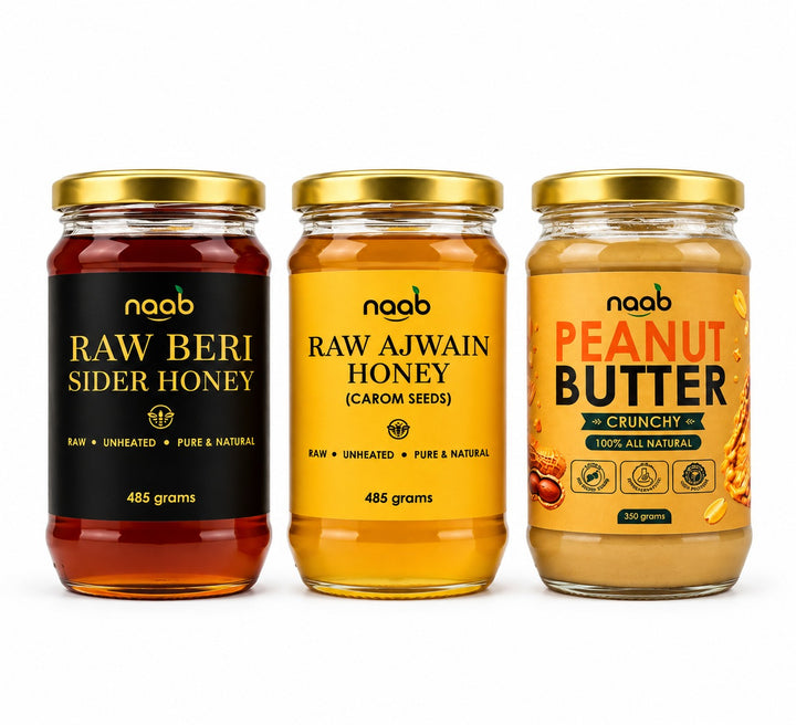 Naab Organic Raw Honey & Crunchy Peanut Butter Trio – Beri Sidir Honey, Ajwain Honey & Crunchy Peanut Butter | 485g + 485g + 350g