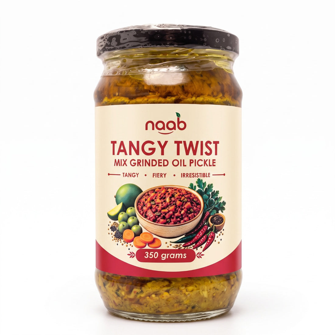 Naab Organic Tangy Twist Mix Grinded Oil Pickle with Organic Ingredients – Tangy & Spicy Mixed Pickle – 350g