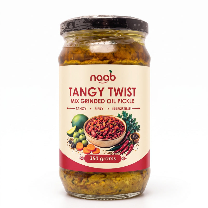 Naab Organic Tangy Twist Mix Grinded Oil Pickle with Organic Ingredients – Tangy & Spicy Mixed Pickle – 350g