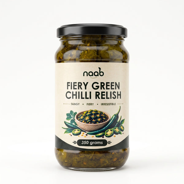 Naab Organic Fiery Green Chilli Relish with Organic Ginger – Tangy & Spicy Chilli Relish – 350g